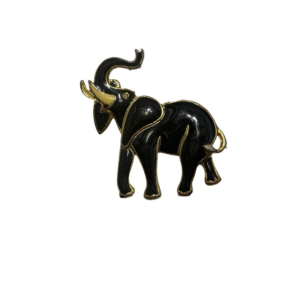 Vintage Gold Tone Dark Gray Enamel Rhinestone Eye Strong Elephant Brooch Pin